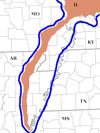 Historical map of southeast Missouri and vicinity, showing the ancestral paths of the Mississippi and Ohio Rivers, to the west and east of Crowley's Ridge, respectively