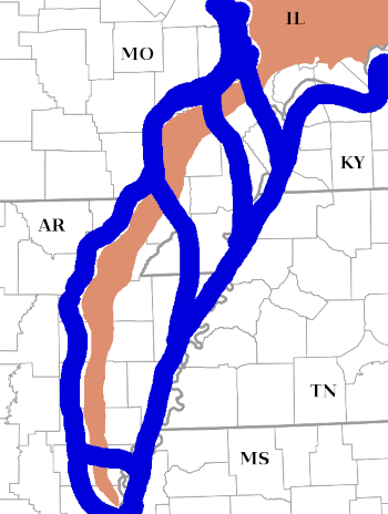 Historical map of southeast Missouri and vicinity, showing a glacial meltwater flood event that overtops the ridge that previously divided the ancestral Mississippi and Ohio Rivers