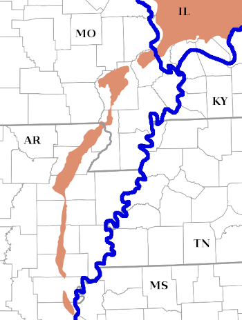 Historical map of southeast Missouri and vicinity, showing the placement of the Mississippi and Ohio Rivers with Crowley's Ridge to the west of both major rivers