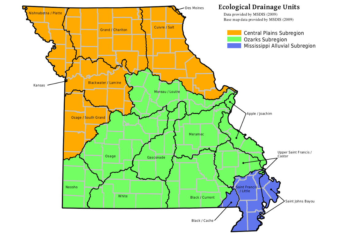 Labelled map of Missouri ecological drainage units
