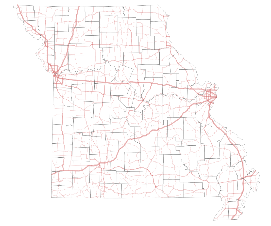 Landmark and transportation map of Missouri