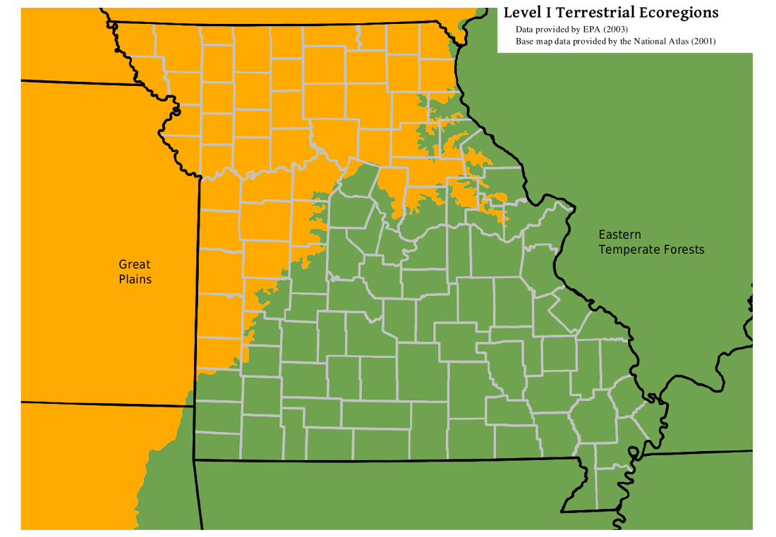 Labelled map of Missouri Level II ecoregions
