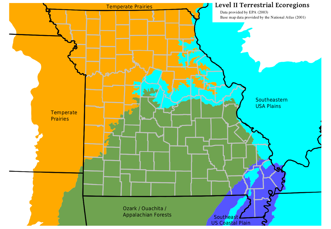 Labelled map of Missouri Level II ecoregions