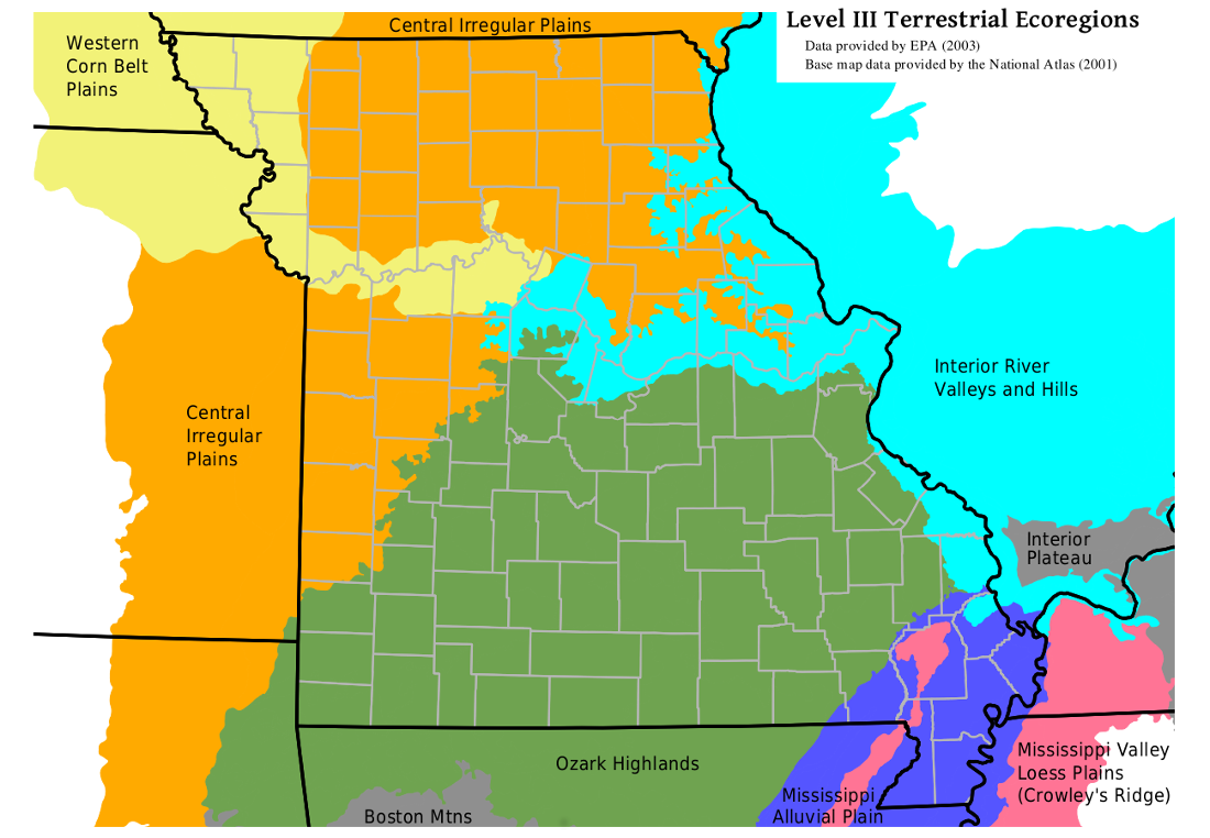 Labelled map of Missouri Level III ecoregions
