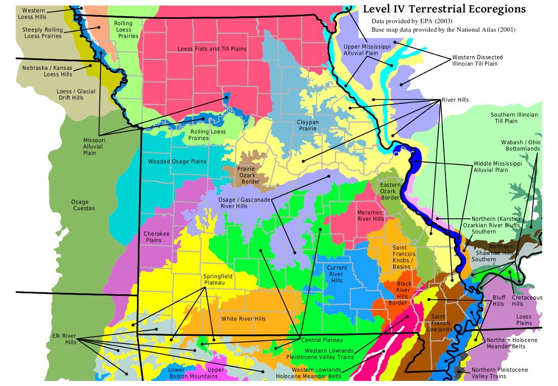 Labelled map of Missouri Level IV ecoregions
